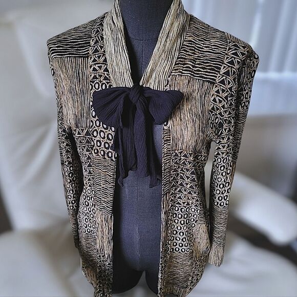 Vtg crêpe abstract print open front long sleeve blouse - Picture 5 of 13